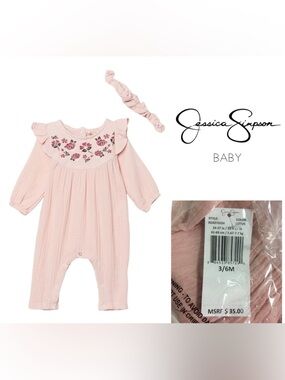🆕JESSICA SIMPSON BABY - 3/6M - NWT - 2PC PINK FLORAL JUMPSUIT AND HEADBAND